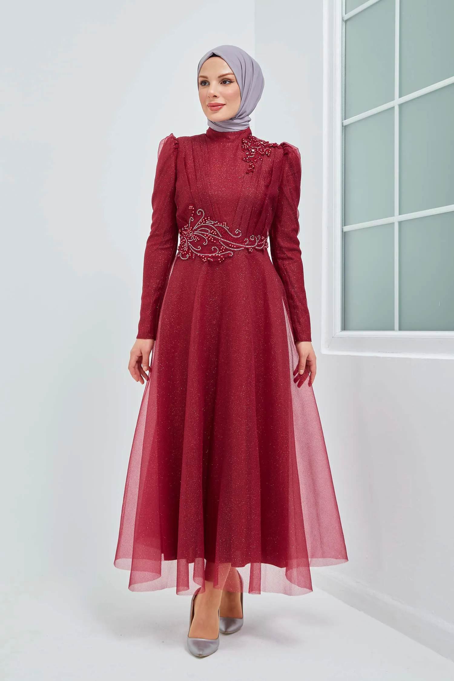 Muslim Fashion Islamic Clothing Evening Dress Women O-neck Long Sleeve Embroidery Print