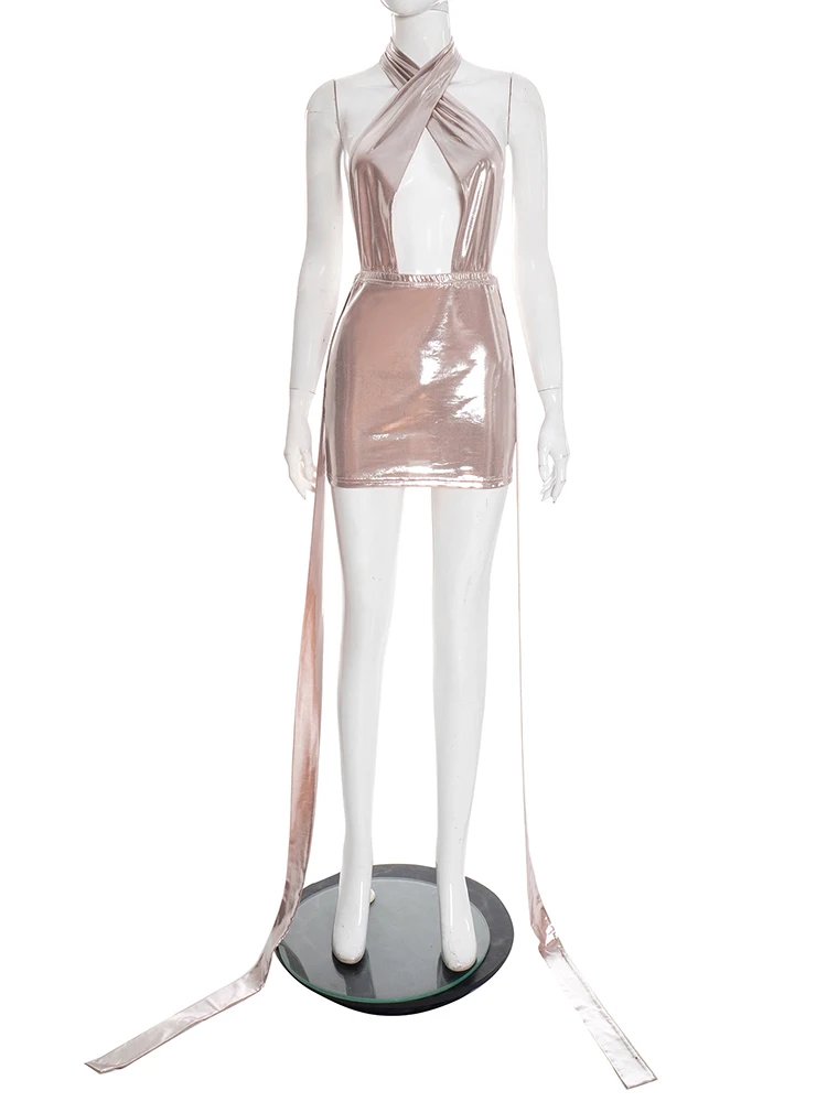 Weird Puss Hottie-vestido Halter sedoso para mujer, vestido Bandage con espalda descubierta, calado, Sexy, melocotón, cadera, Hipster, ropa de calle, ceñido al cuerpo elástico