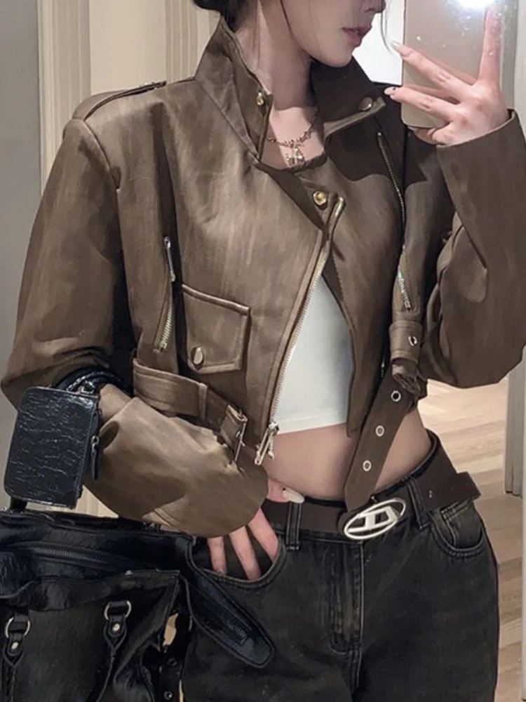 Veste en cuir punk marron court pour femme, fermeture éclair irrégulière rétro, veste en cuir de motard moto, manteau en fausse fourrure High Street, décontracté coréen