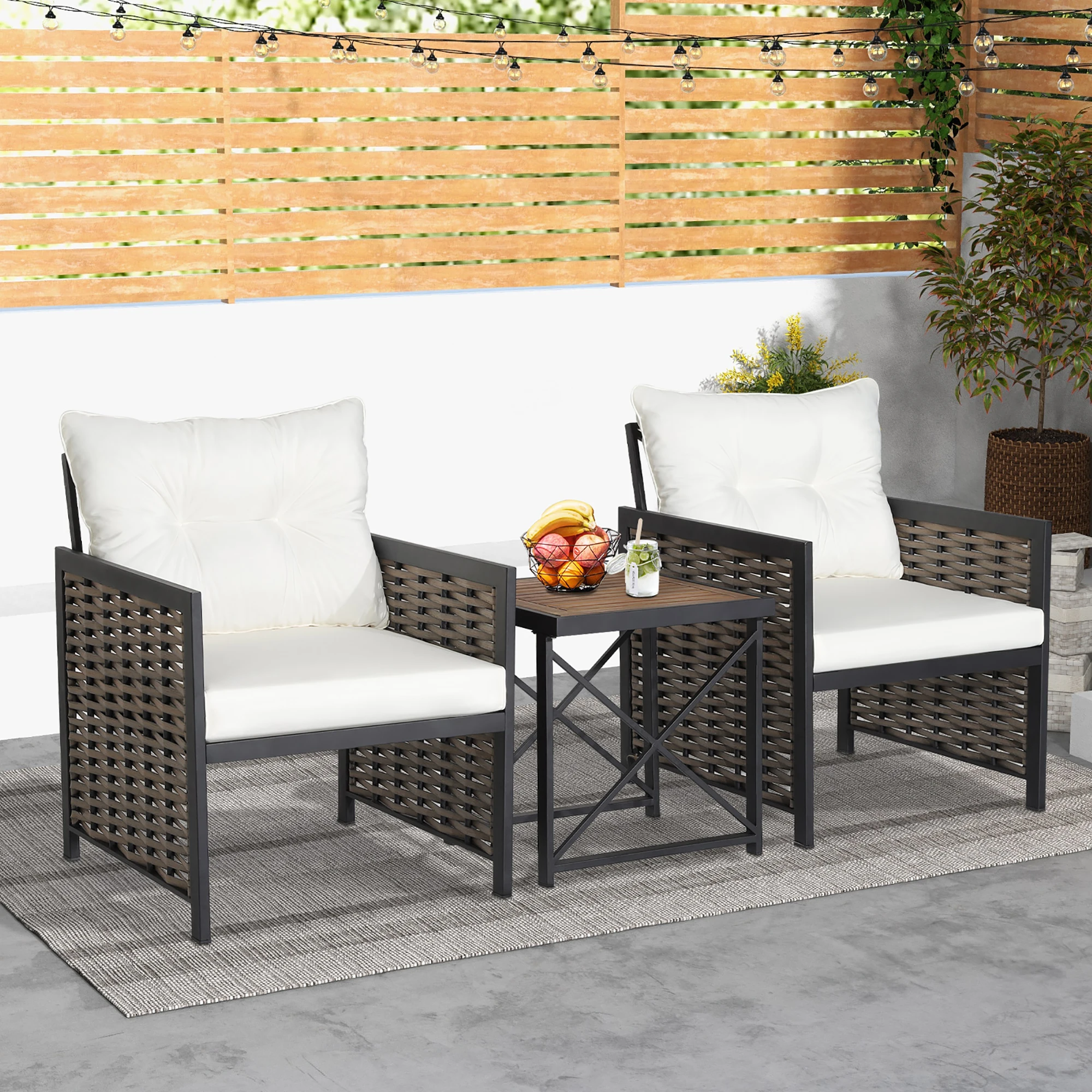 3 Stück Terrasse Rattan Möbel Set Akazien holz Couch tisch & 2 Stühle Hinterhof