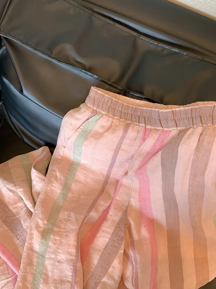 Été Faion ample jambe large coton lin pantalons décontractés femmes mince coupe droite pantalon rayures effet minceur