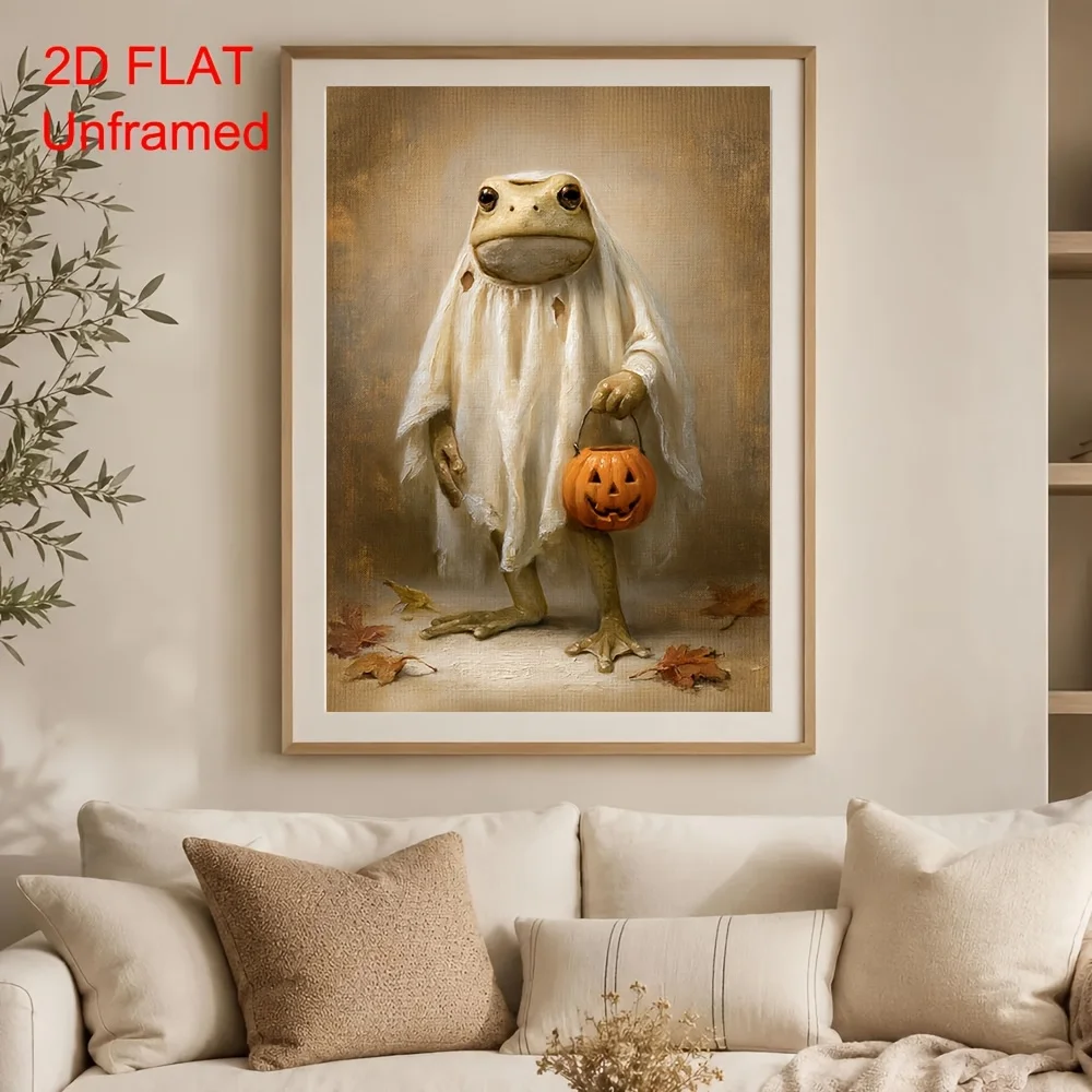 2D Flat, 2D FLAT 1pc Unframed Funny Frog Pumpkin Autumn Canvas Poster Spooky Halloween Animal Vintage Wall Art Print Fall Dec