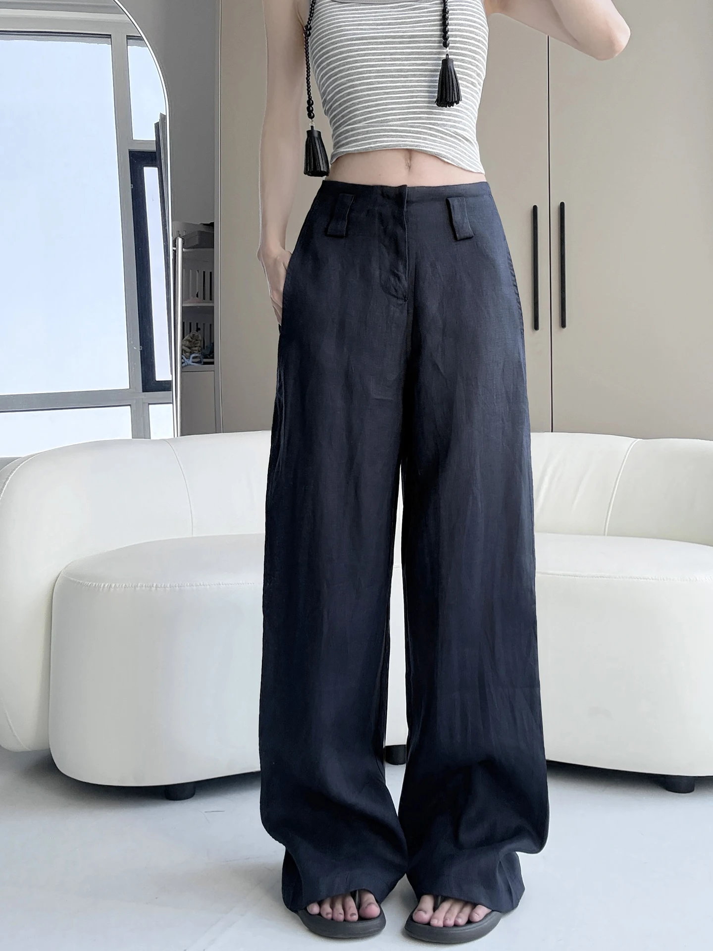 

Elegant Summer Lightweight Linen Wide Leg Pants Women's Casual Suit Pants Slimming Straight Cut Trousers Cotton Village