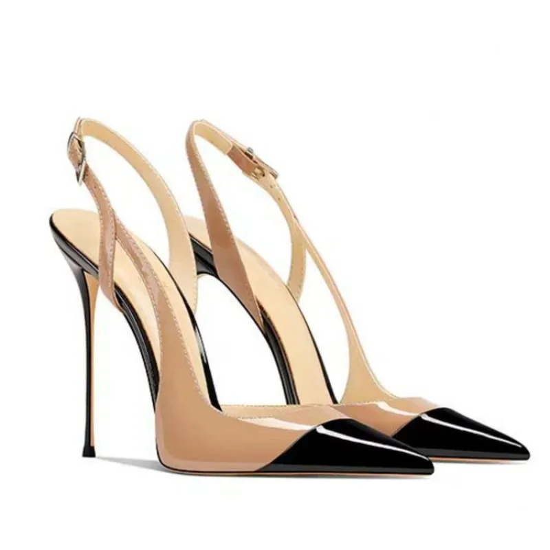 

Spring Patent Leather Mixed Colors Shallow Mouth Super High Heel 2025 New Thin Heel Back Strap Pointed Toe High Heels for Women