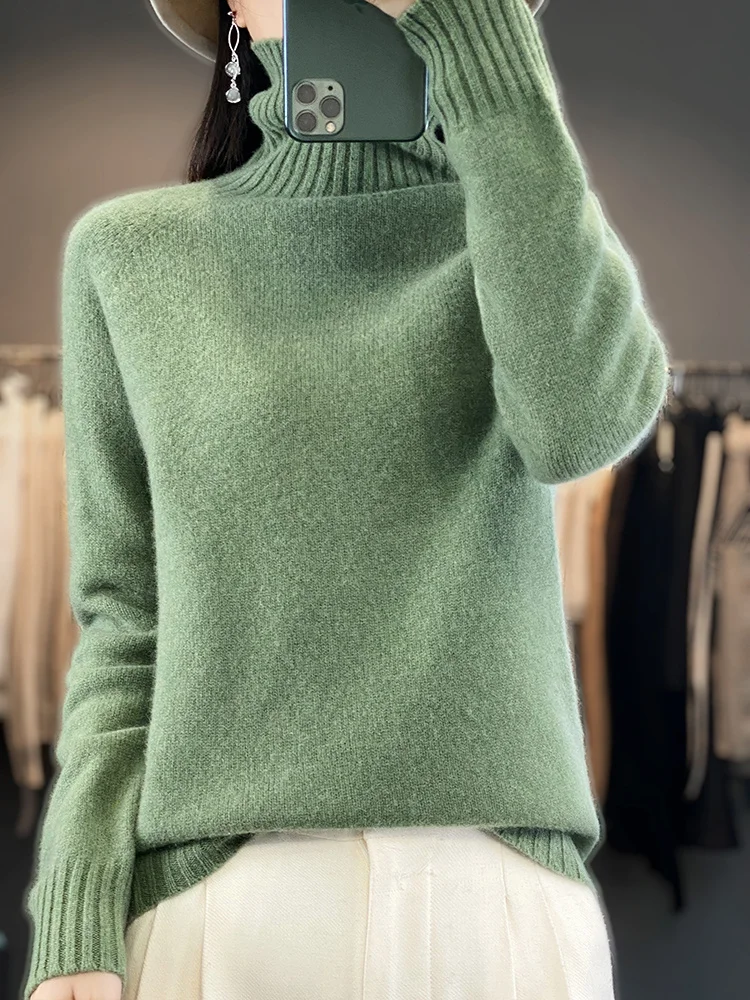 Aliselect Women Pullover Sweater Autumn Winter 100%Merino Wool Solid Turtleneck Cashmere Knitted Basic Jumper Korean Fashion Top