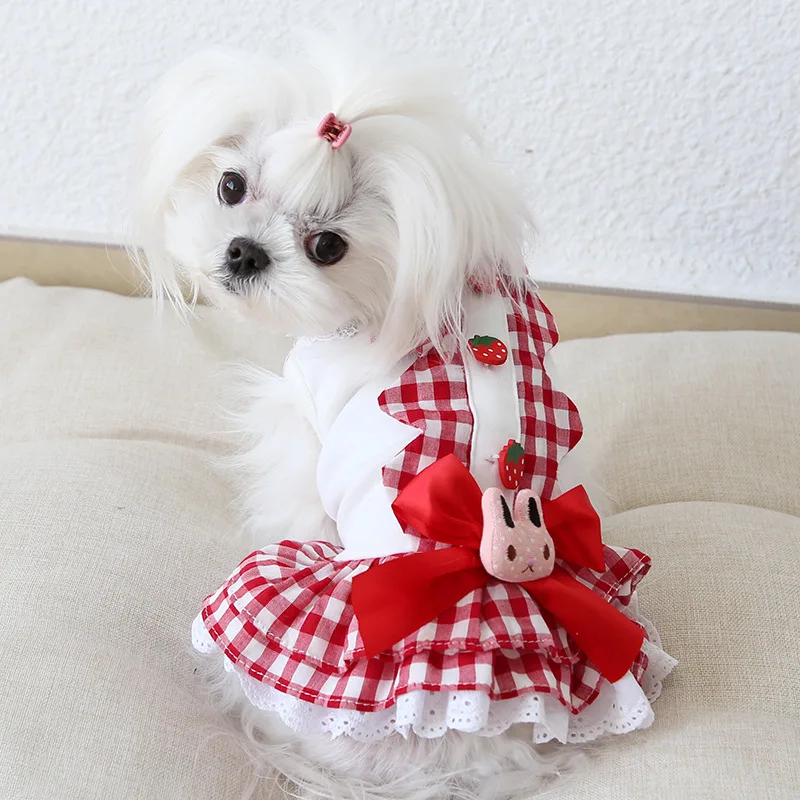 On Sale Strawberry Dog Apparel For Small Doggie Puppy Animal Pet Clothes Plaid Skirt Cotton Shirt Cat Dress Red M L XL Accessory