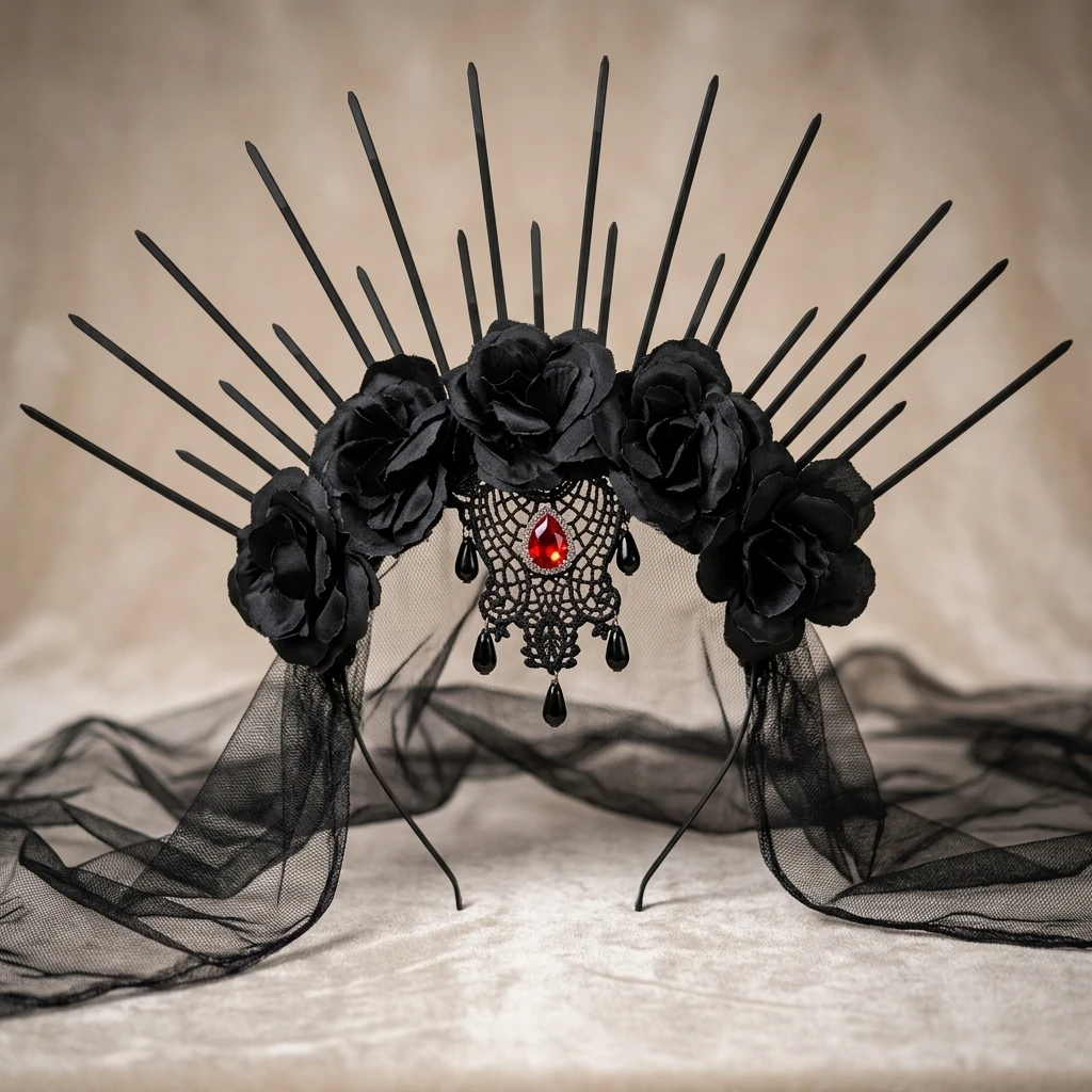 Gotische Rosenkrone mit schwarzen Stacheln, Tiara, Schleier, Halloween-Kostüm, Haardekoration, Dunkle Königin, Cosplay, Maskerade-Party für Frauen, Erwachsene, Abschlussball – Detail 5