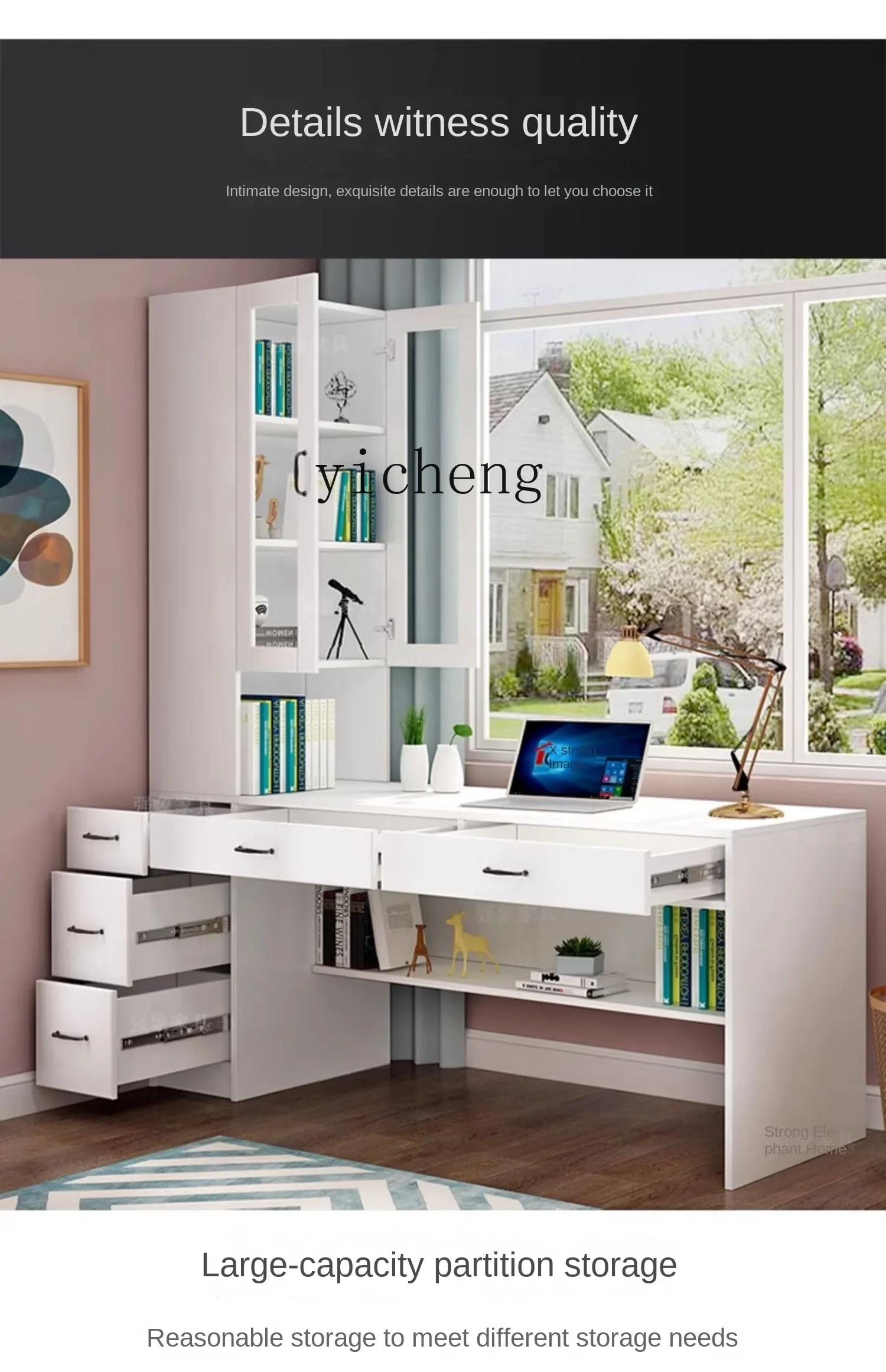 TQH desk household double student bay window bookcase integrated computer desk writing desk combination simple bookshelf