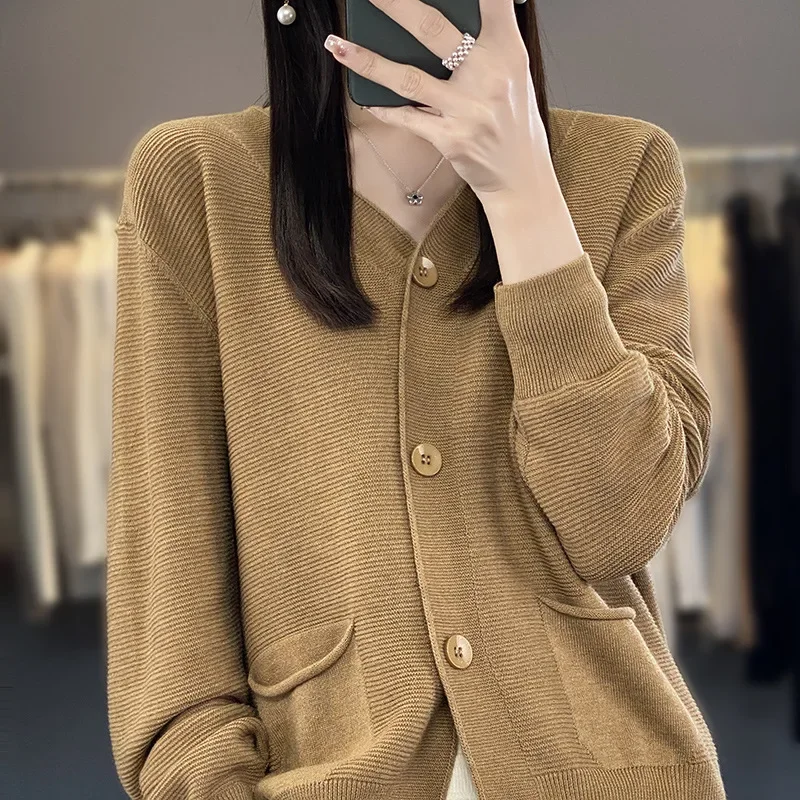 

Linen Cardigan Sweater Women V-neck Long Sleeve Top Korean Style New In Outerwears Mujer Knitwear Pockets Designer Spring Clothe