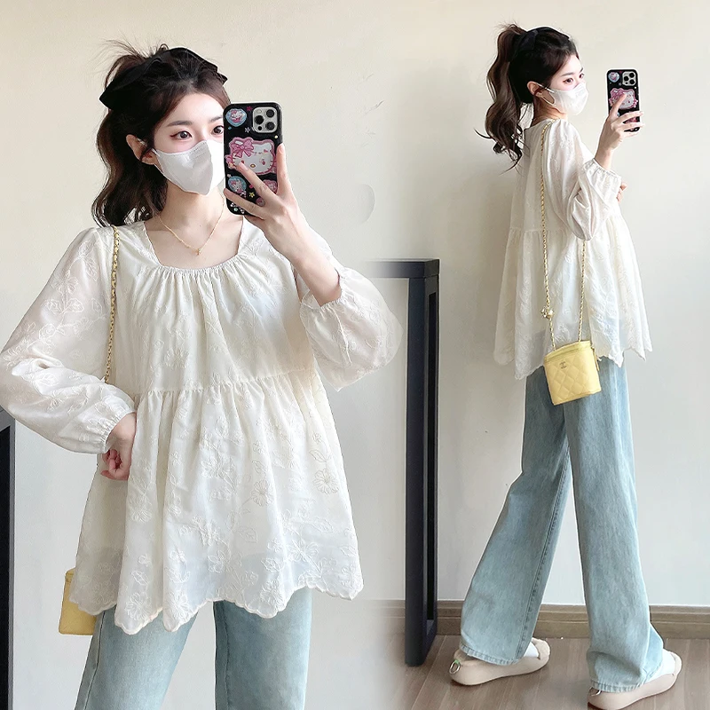 

2025 Spring & Autumn Fall Fashion Maternity Wear Cute Oversized Blouse Flowy & Slimming Top for Pregnant Women Youthful Shirts