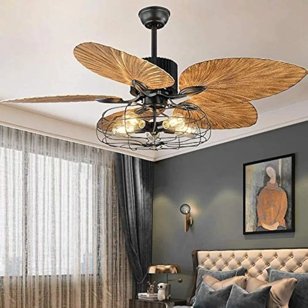 Industrial style cage ceiling fan - with lights, palm leaves and black finishes - Quiet and vintage-style indoor chandelier fan