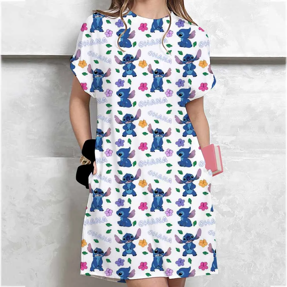 Women's plus size summer Disney Lilo&Stitch printed short sleeved round neck casual T-shirt dress casual sexy dress loose dress