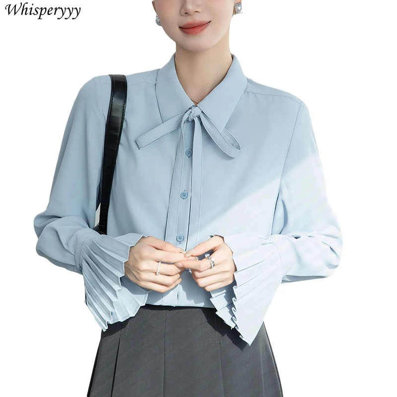 قميص أزرق أنثى ربيع الخريف التلبيب القوس مضيئة كم بلايز بلون واحد الصدر الوظيفي في بلوزة عصرية للنساء #5