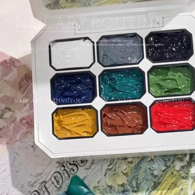 เจลสีน้ำมัน 9 ช่อง พร้อมดีไซน์เม็ดสีด้านแบบฟรอสติ้ง สำหรับตกแต่งเล็บ ลายไอศกรีม กันน้ำ อุปกรณ์ทำเล็บสำหรับร้านเสริมสวย