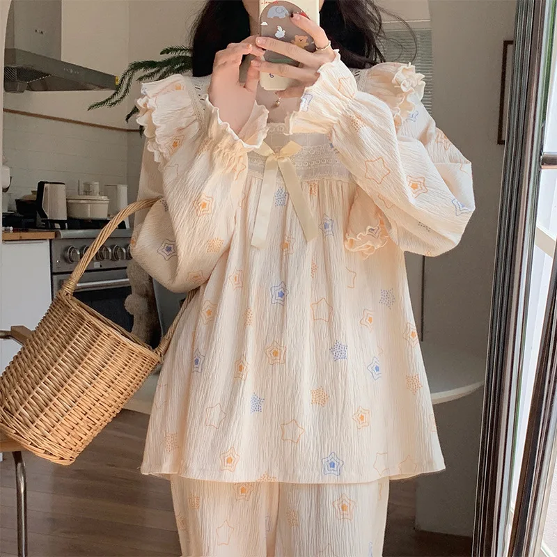 Printed Lace Long Sleeve Spring Autumn Casual Clothing Pajamas Female Pajamas Female Cartoon