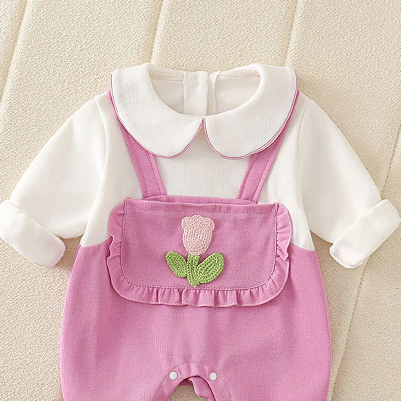 MILANCEL New Autumn Baby Girls Clothes 0-2 Y Tulip False 2pcs Patchwork Rompers Toddler Peter Pan Collar Jumpsuit