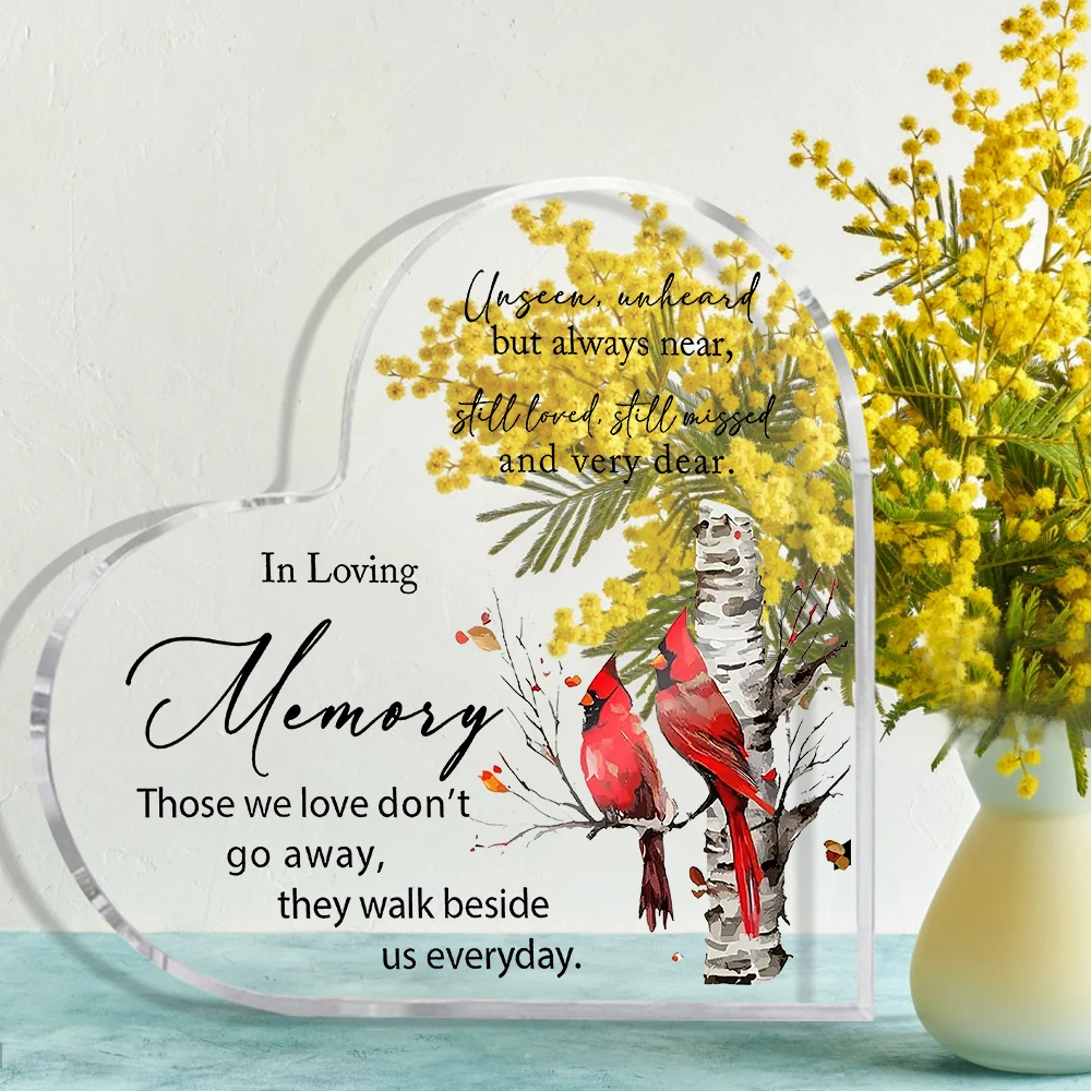 2D Flat, Heart Shaped Sympathy Gift - Memorial Keepsake with Red Cardinals & Birch Trees, Elegant Cursive 