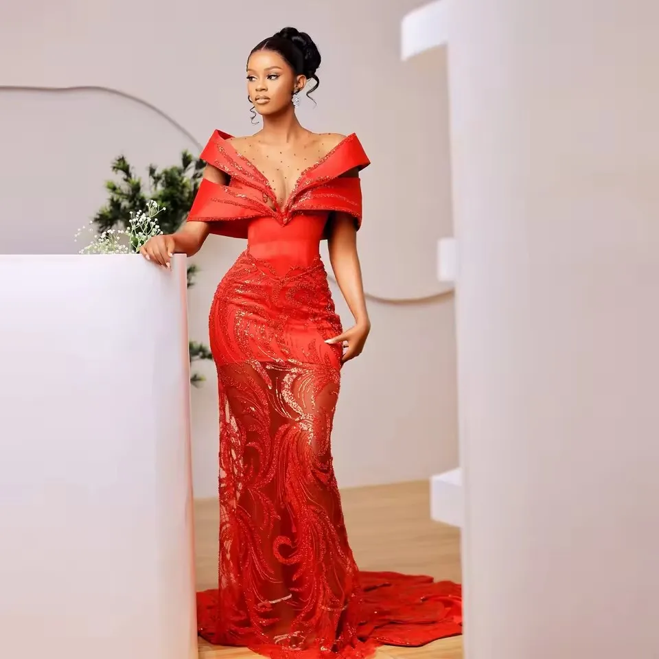 

Gorgeous Red Evening Dresses Sequins Beading Off The Shoulder Formal Met Gala Gowns Illusion Vestido De Noche Customized