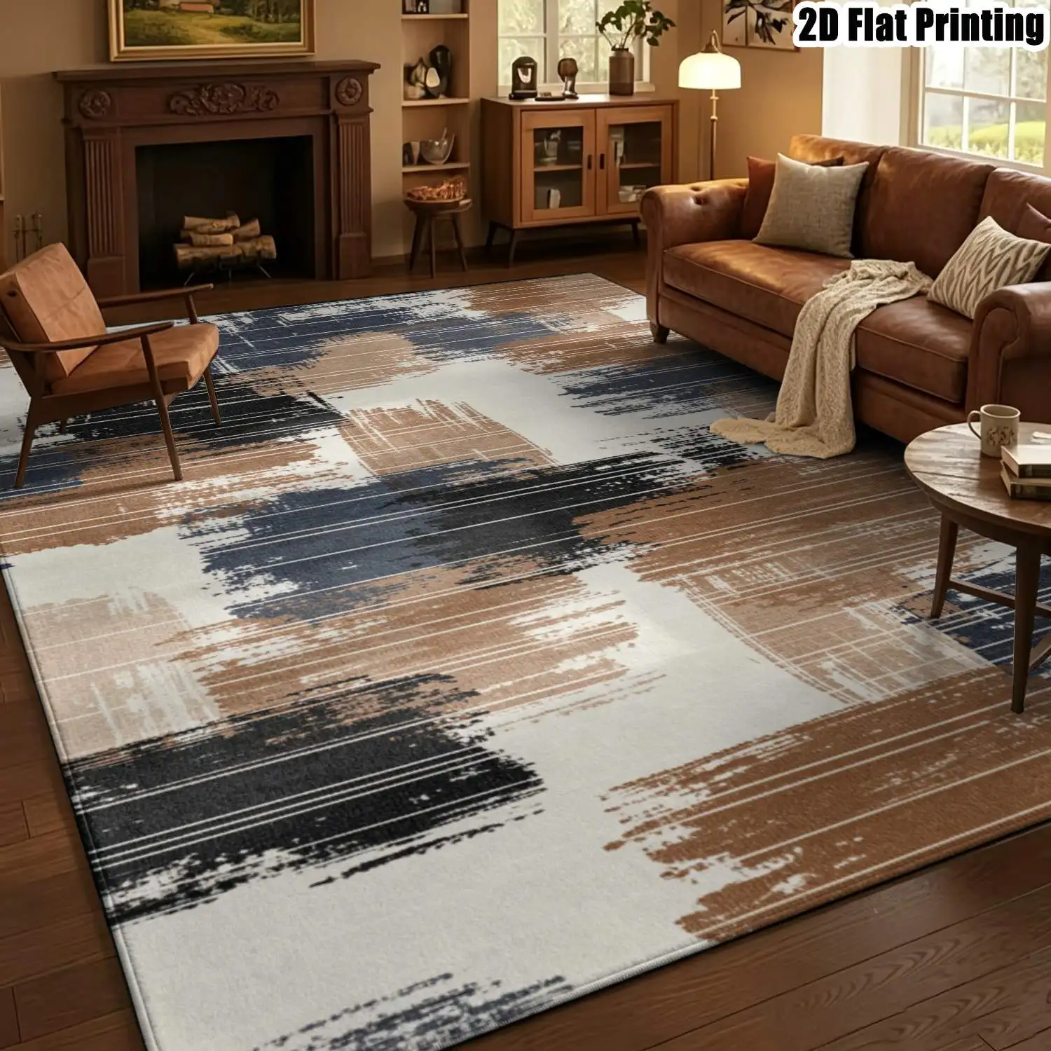 1Pc 2D Printed Carpet: Blue & Brown Abstract Art, Nordic/Instagram Style, Modern Minimalist Geometric Striped, Home Decor, Multi-Size, Machine Washable, Ideal for Entrance, Dining, Foyer, Bedroom, Living Room