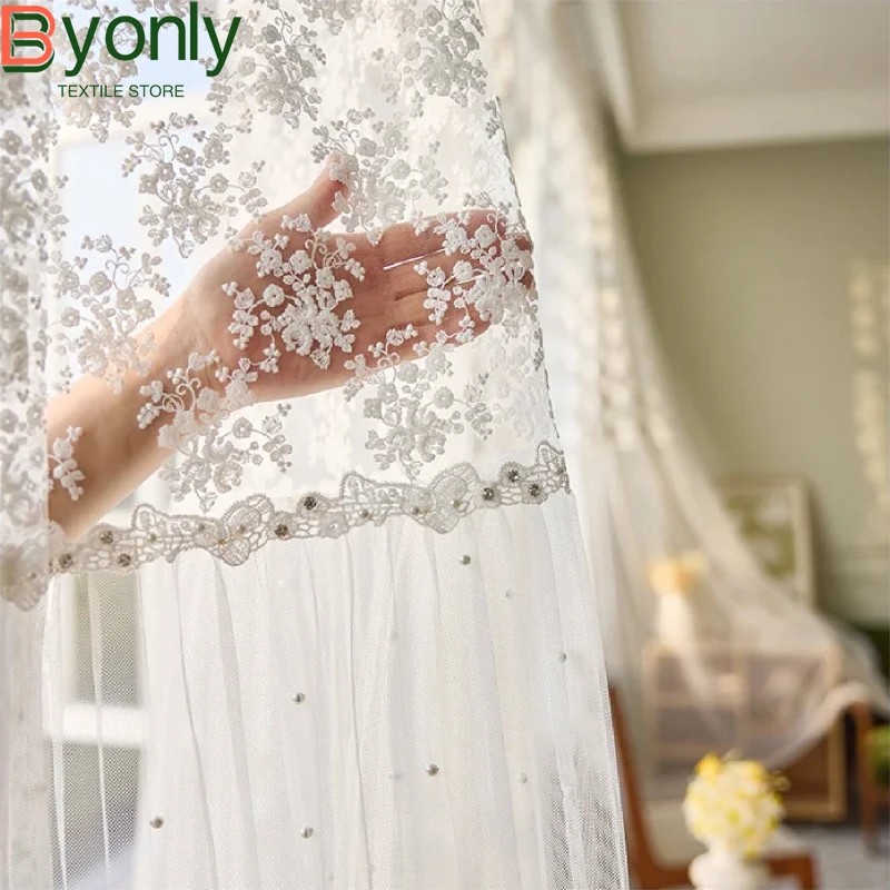 Pearl Embroidery Splicing White Gauze Lace Bay Window Bedroom Living Room Partition Screen Curtains Customized Finished Product