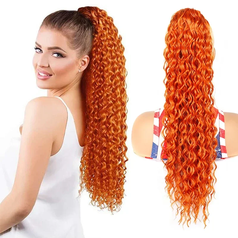 Long Curly Ponytail Hair Extensions 22inch Drawstring Clip in Ponytail Orange Synthetic Water Wave Fake Tail for Women Hairpiece