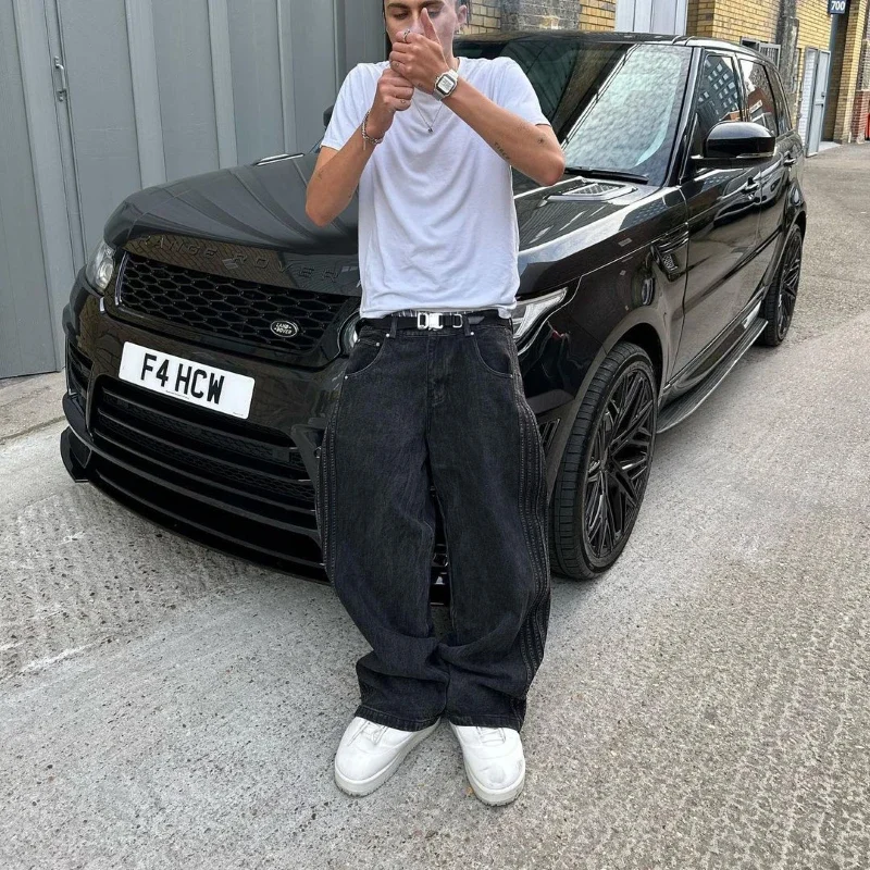 แพทช์เย็บปักถักร้อยกางเกงยีนส์สําหรับชายเสื้อผ้า Street Hip Hop Vintage กางเกงยีนส์สีดําผู้ชายสบายๆกางเกงขากว้างกางเกงยีนส์บุรุษ