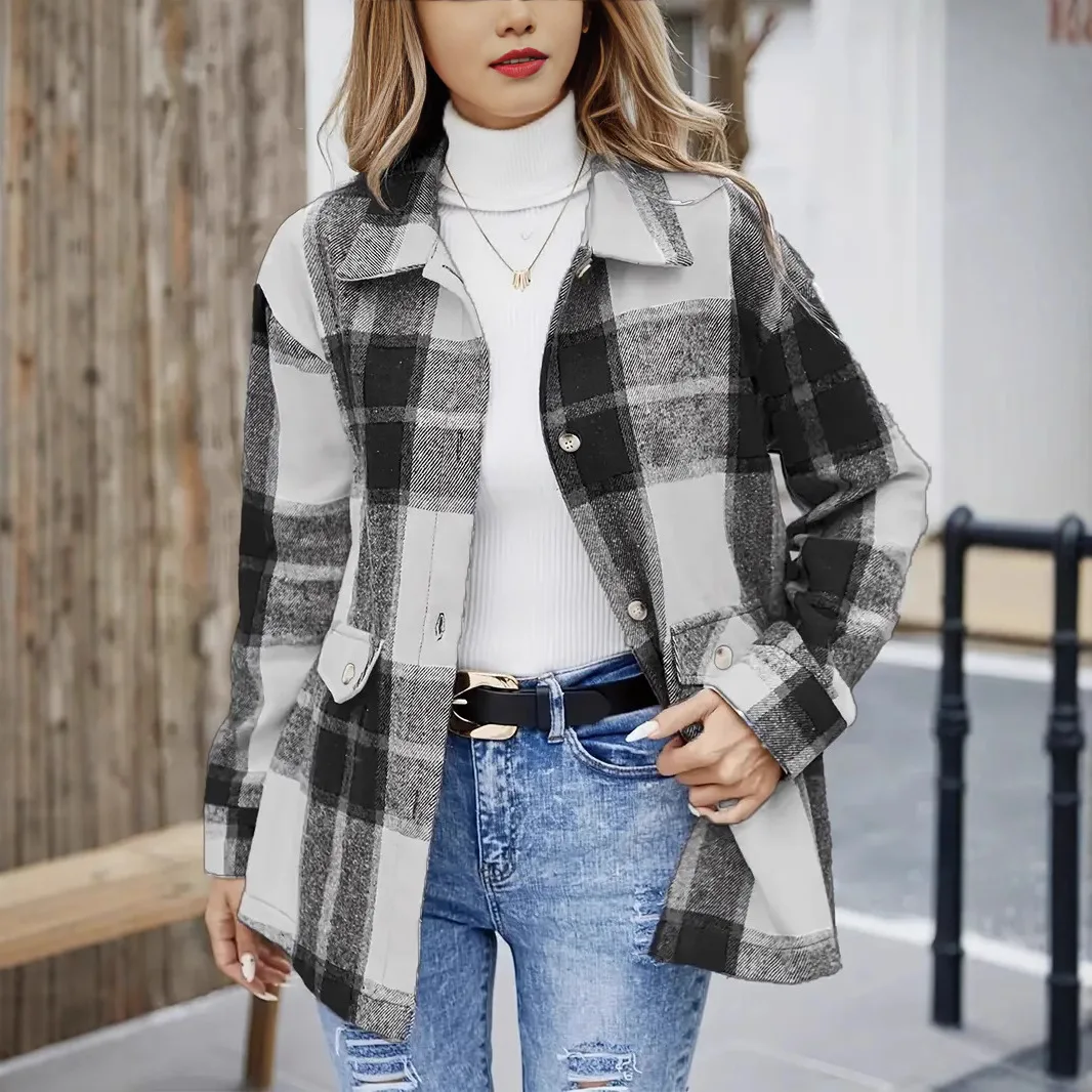 Women's Vintage Plaid Shacket Long Sleeve Button Down Lapel Pockets Loose Fit Casual Autumn Winter Coat Chaqueta