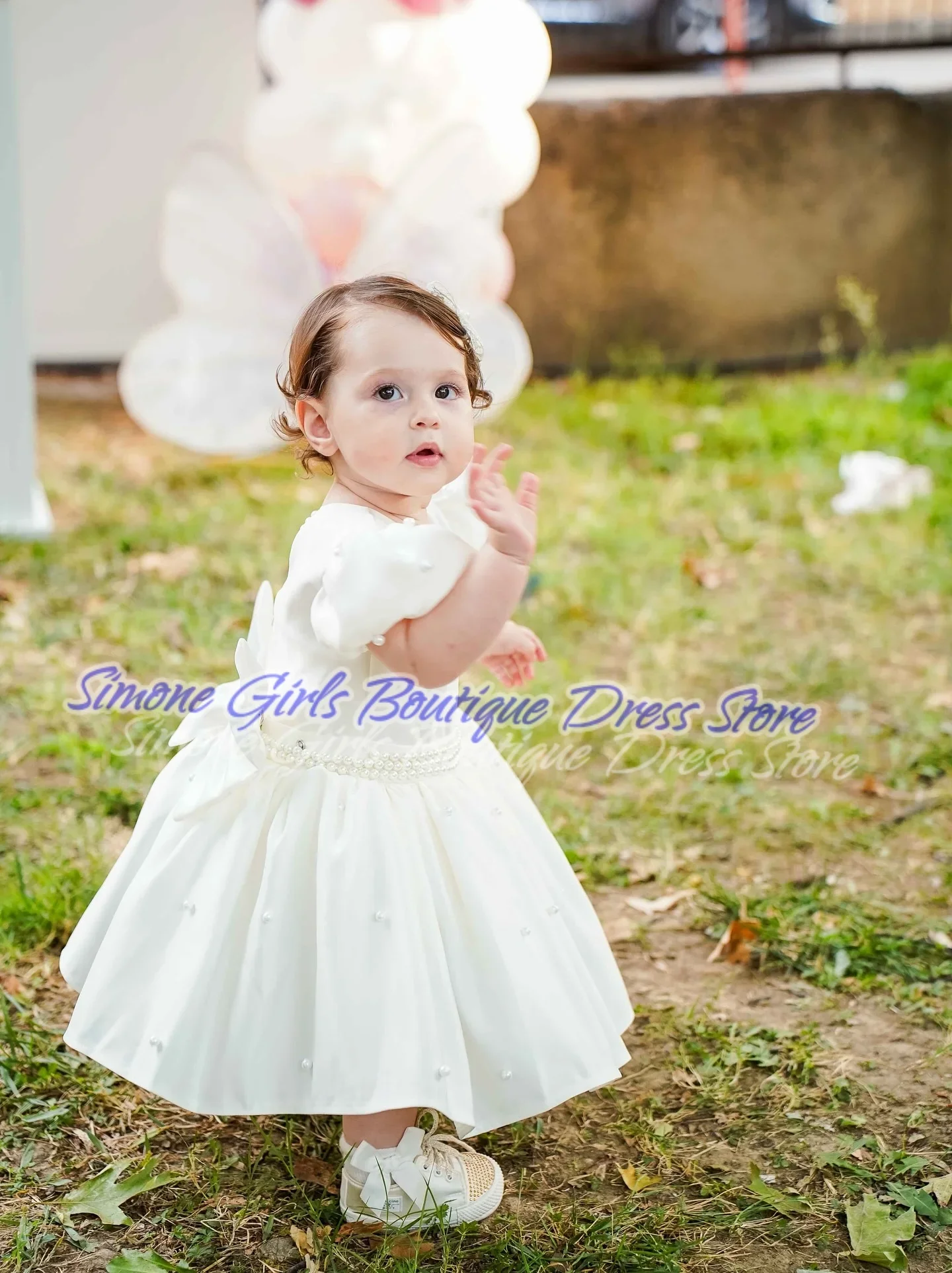 Bow Pearl Decoration Fluffy Skirt Puff Sleeves Flower Girl Dress for Wedding Ceremonies Holiday Celebrations Formal Receptions