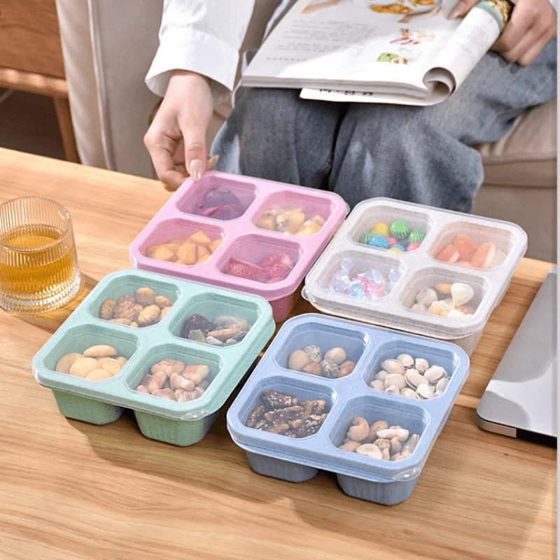 1pc Large Capacity Wheat Straw Bento Box - Four-Grid Transparent Cover, Fresh Snack Dish for School, Camping, and Outdoor Activi