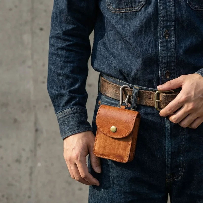 

Belt-Mountable Vintage Leather Cigarette Case, Waist Holster Cigarette Holder with Snap Closure, Waist Pack Pouch for Tobacco