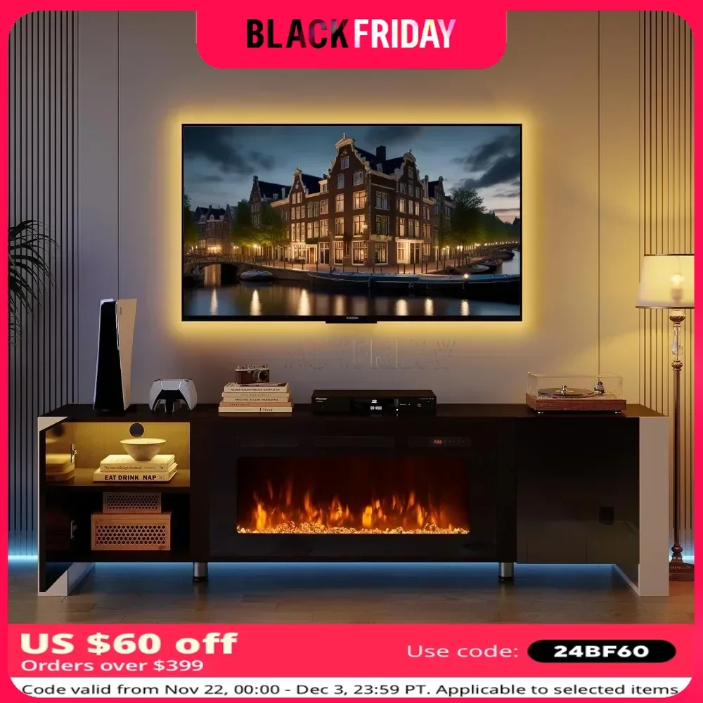 70” Fireplace TV Stand with Fireplace for TVs UP To 80” with Two Hinged Doors, LED Lights & Storage Cabinets, TV Stand