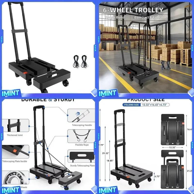 Hot Sale 100kg Customizable Portable 6-Wheel Folding Mini Trailer Hand Truck OEM Industrial Stainless Steel Cart Trolley