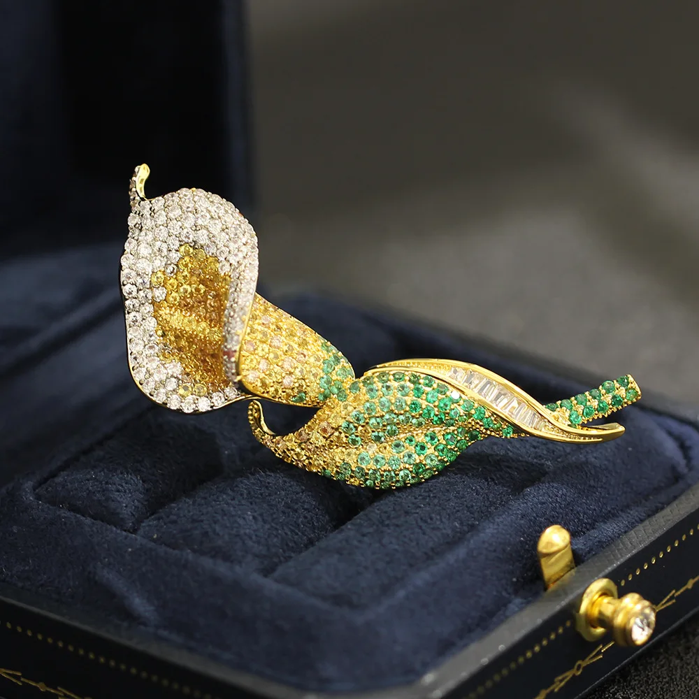 High-End Micro-Paved Zircon Yellow Tulip Bouquet Brooch, Anti-Slip Suit Jacket Lapel Pin for Women