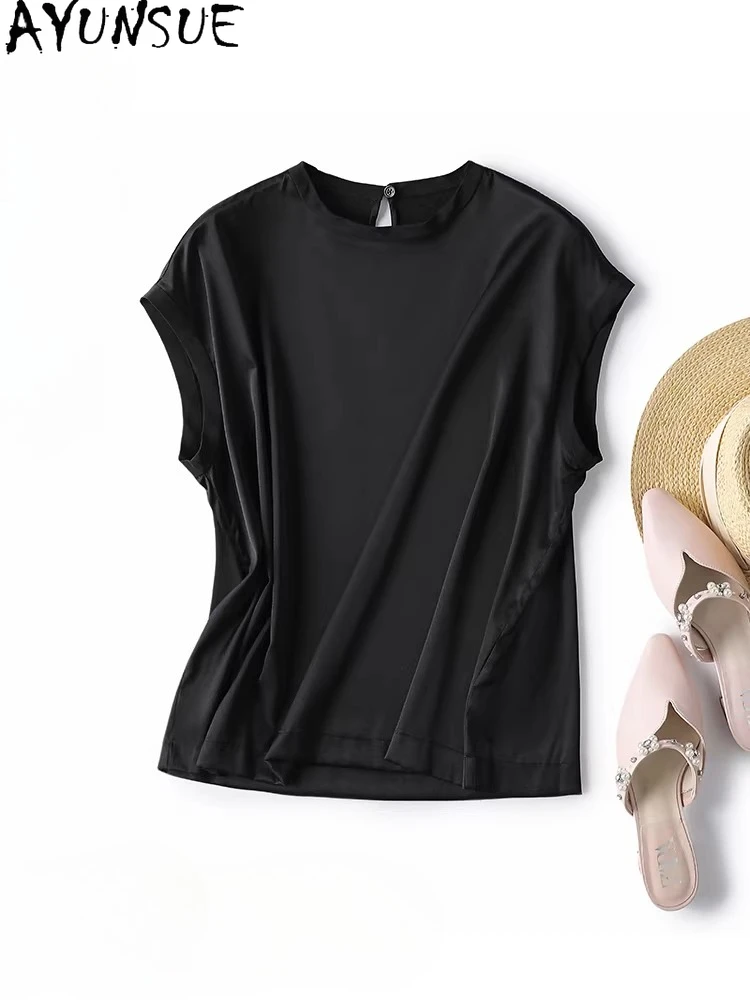 

AYUNSUE 92% футболка из натурального шелка тутового шелкопряда, женские элегантные футболки, летняя одежда, модные женские топы с круглым вырезом, однотонные топы, женские топы