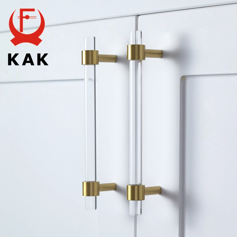 KAK Acrylic Brass Furniture Handles for Cabinet Drawer Knobs Kitchen T Bar Pull Various Sizes Gold Door Handle Hardware