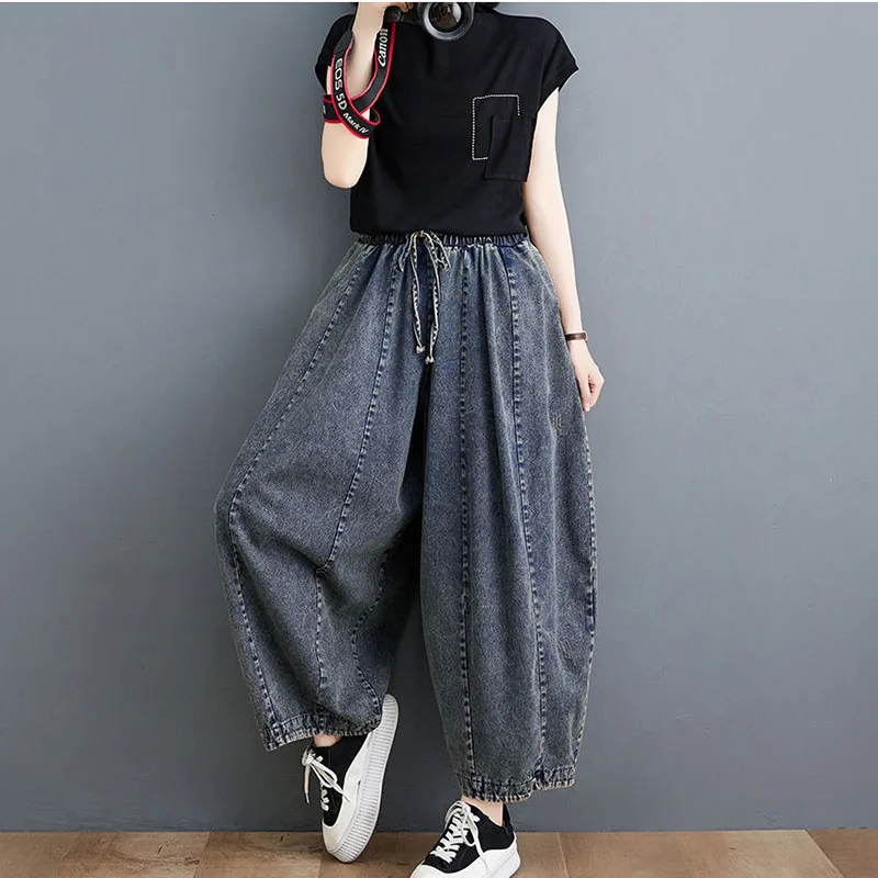 Jeans casual da donna Primavera Estate Pantaloni Haren in denim vintage Pantaloni larghi a tubo dritto in vita elastica femminile di grandi dimensioni XT1571