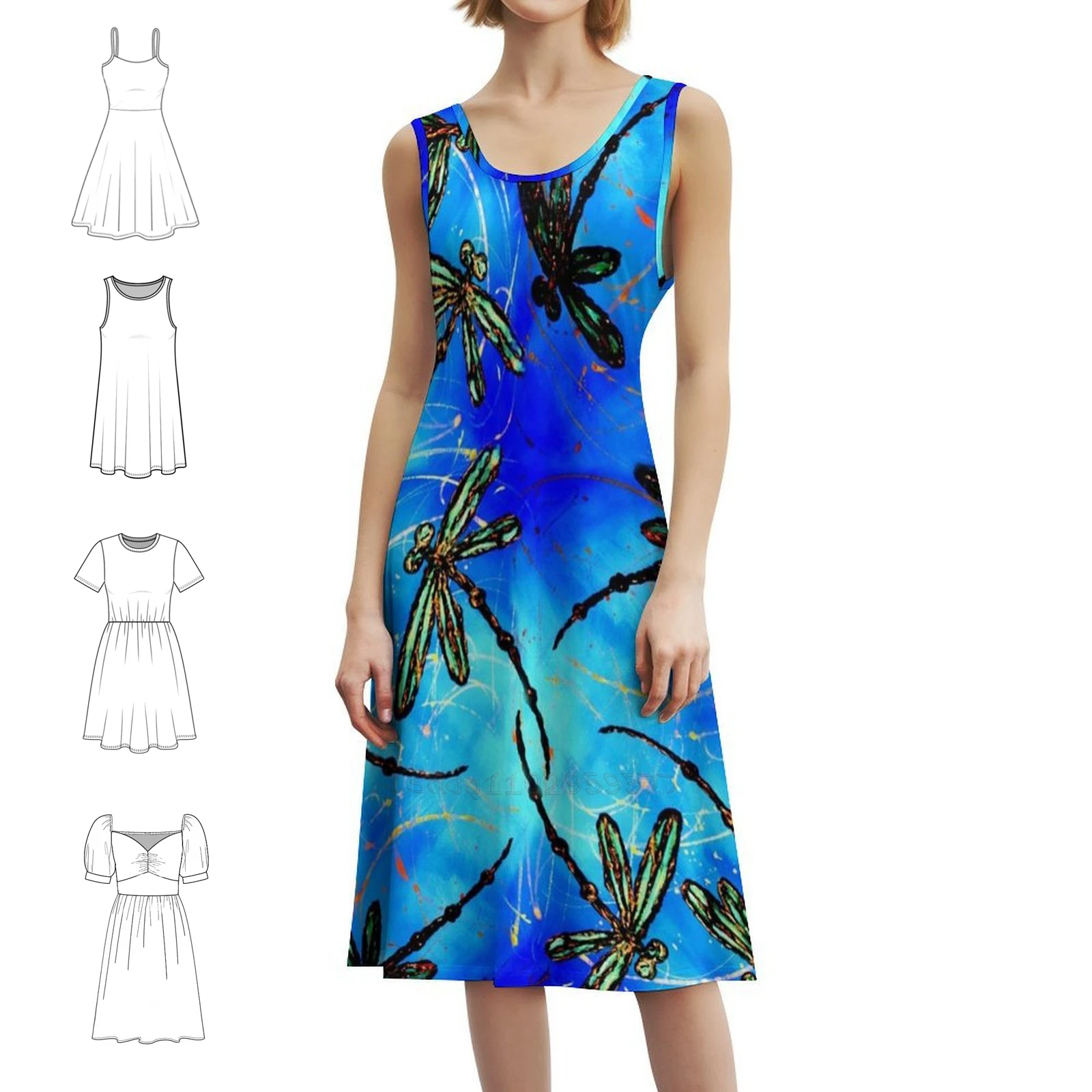 

Повседневное платье в корейском стиле в стиле стрекозы в неоновом синем стиле для женщин, простые повседневные офисные женские платья, стрекоза, стрекоза, произведения искусства