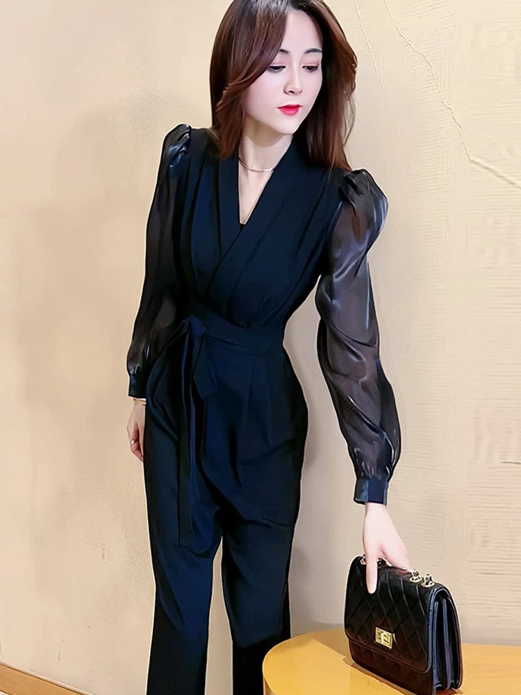 Faionable com cinto bolha calças de uma peça feminina primavera outono emagrecimento cintura-emagrecimento perna larga macacão ele sle