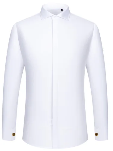 Imagen 2 del producto Camisa con gemelos franceses para hombre, manga larga, corte ajustado, botones ocultos, color sólido, vestido de novia de gama alta, formal