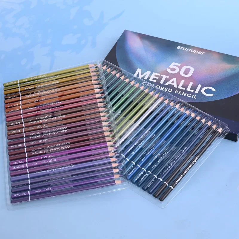 Brutfuner 50pcs Metallic Colored Pencil Set Paper Box Set Soft Sketch Painting Pencil Art School Supplies Artist Coloring Set