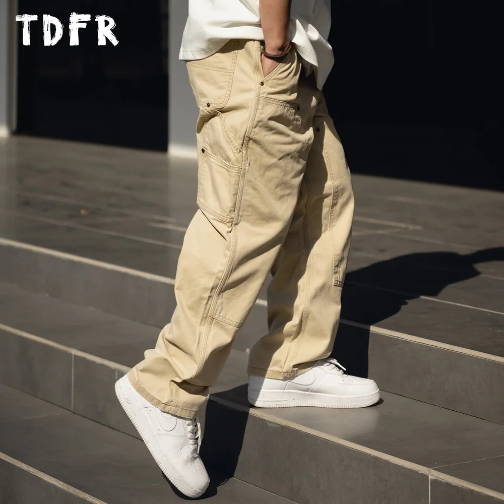 Multi-Pocket Cargo Pants Mens Washed Distressed Casual Retro Loose Straight-leg Pants Men Trousers