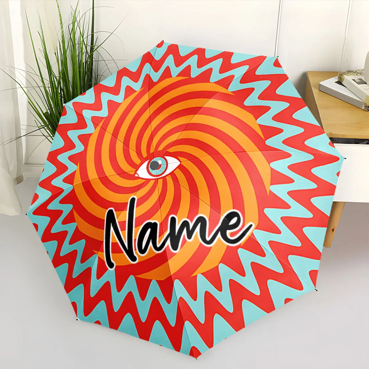 Custom Name Colorful spiral eye design umbrella with bold lettering 8 Iron Ribs Folding Umbrella, Auto-Open Fashion Sunshade