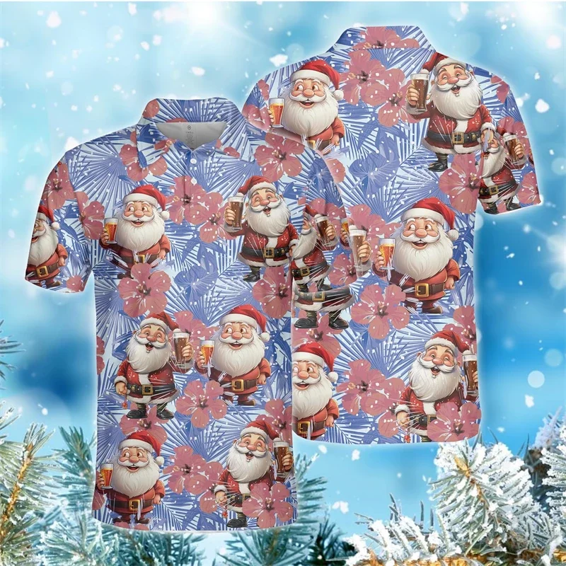 Cartoon Santa Claus 3D Print Polo Shirts For Men Clothes Casual Hawaiian Flower POLO Shirt Christmas Short Sleeve Xmas Gift Tops