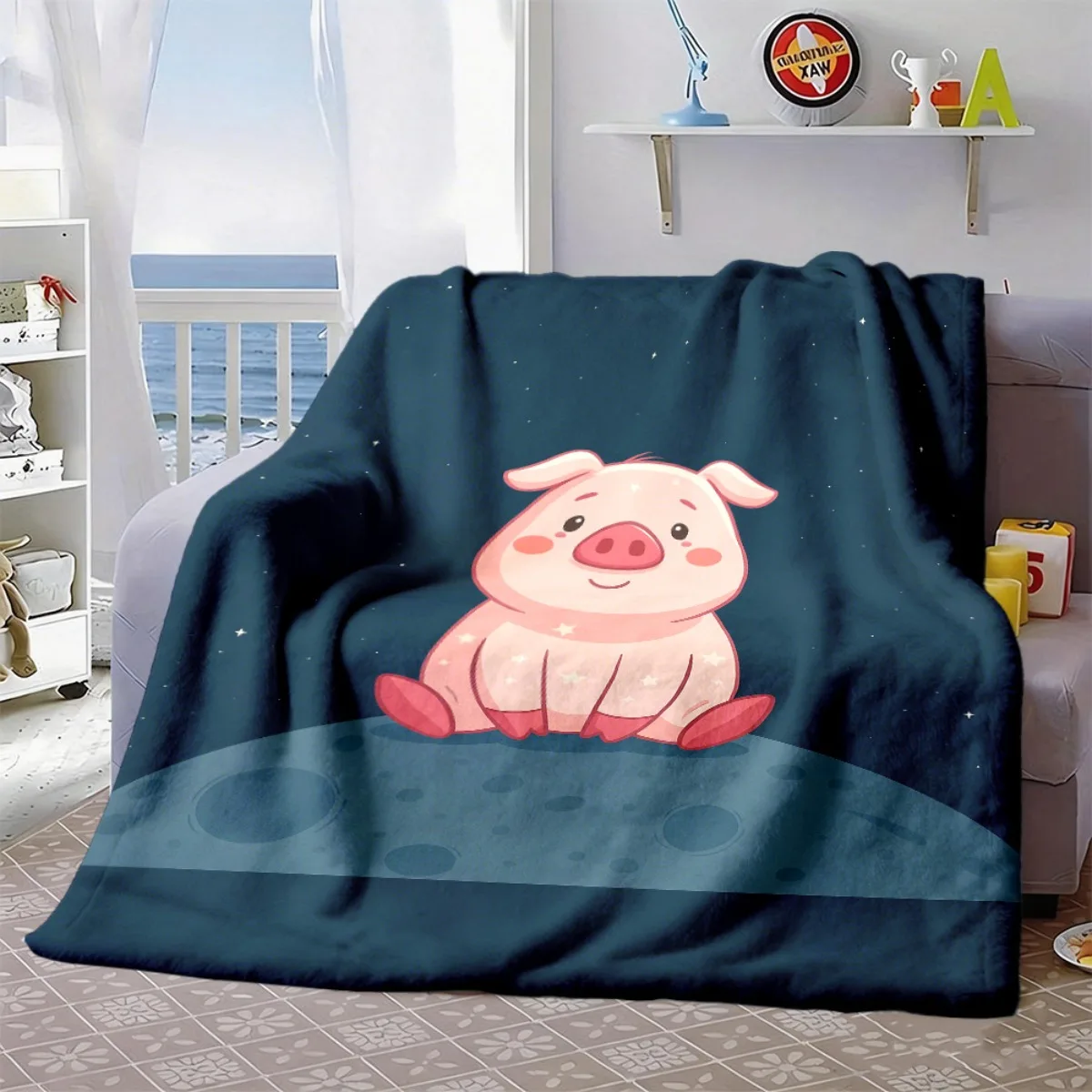 Cartoon Moon Pig Flannel Blanket, Sweet Starry Space Animal Art Throw for Living Room Bedroom & Warm Holiday Gift Picks