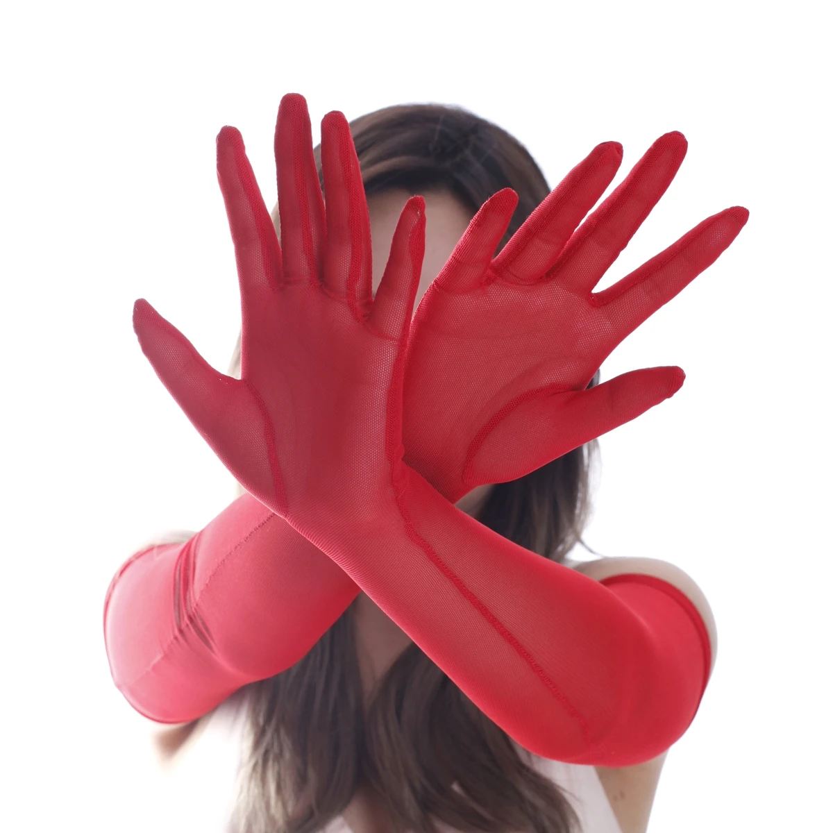 Ftshist-guantes largos de tul transparente, guantes elásticos de malla ultrafinos, manoplas de dedo completo, blanco, Sexy, rojo, negro sólido