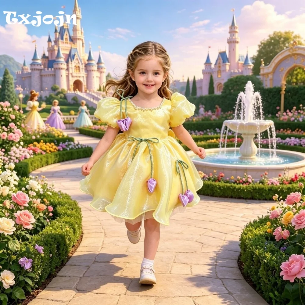 Girl's Dress 1-14 Years Old Girl's Bow Puff Sleeve Princess Dress Ruffled Mesh Dress Wedding Dress Flower Girl Baby Girl Dress
