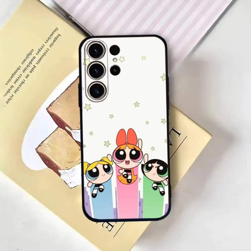 Capa de telefone para meninas Cartoon Star P-Powerpuff para SamsungS25,24,21,22,23,30, Ultra,20,Plus,Fe,Lite,Note,10,9, capa preta macia
