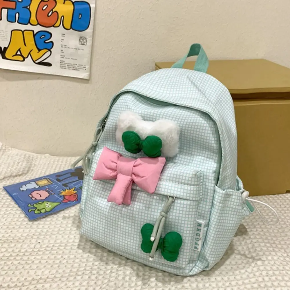 

Large Capacity Cute Bowknot Backpack Lattice Korean Style Nylon Student School Bag Solid Color Lightweight