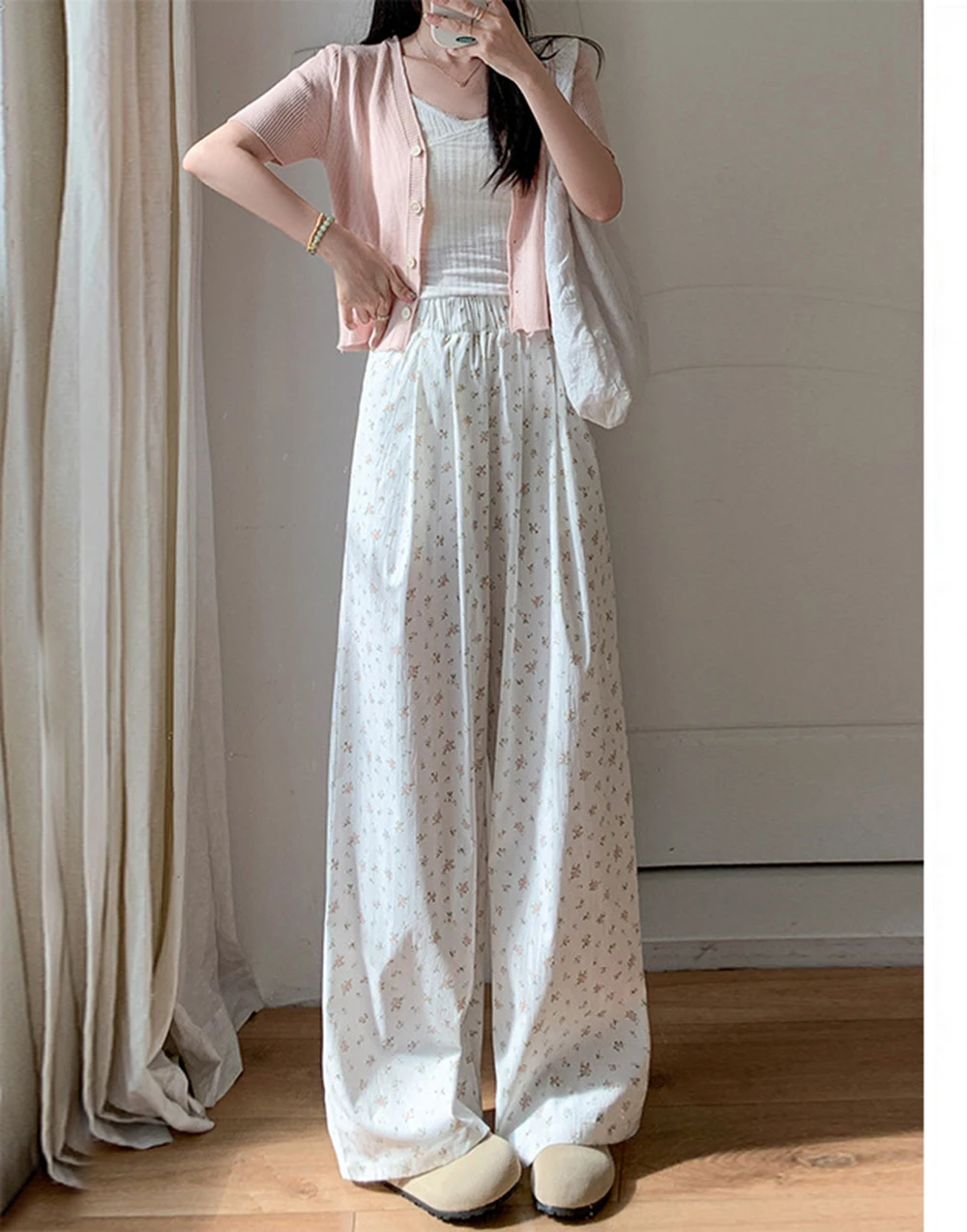 

Fashion White Pants Women's 2024 New Spring Summer Thin High Waist Elastic versatile Floral Print Casual Wide Leg Pants