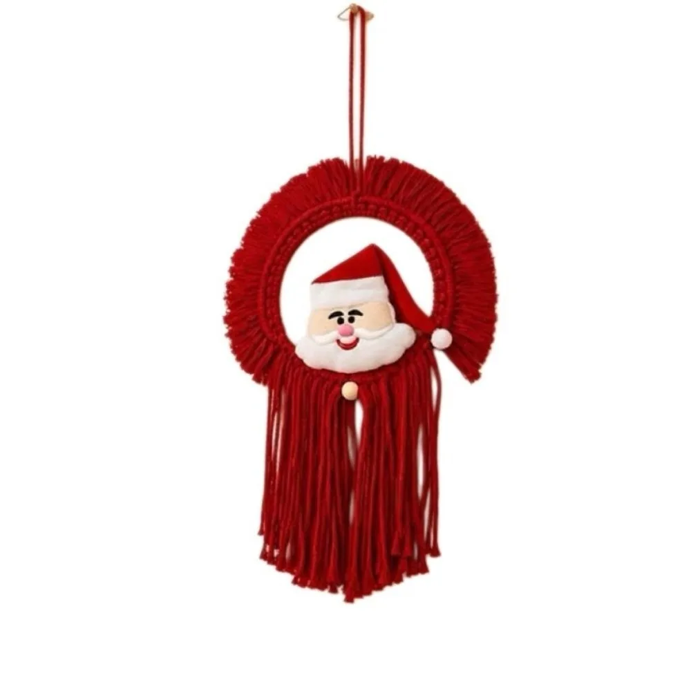 20x30cm Santa Claus Wall Hanging Round Shape Handmade Woven Christmas Wall Tapestry Hanging Loop Tassel Fringe